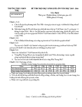Đề thi chọn học sinh giỏi năm học 2015 - 2016 môn địa lý 9